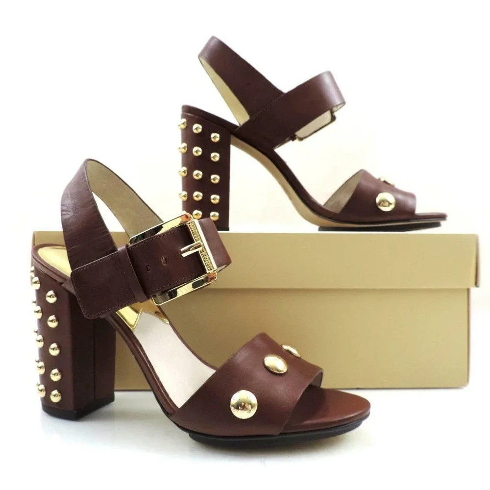 MICHAEL Michael Kors Linden Studded Block Heel Sandals Mocha Brown - Picture 6 of 8
